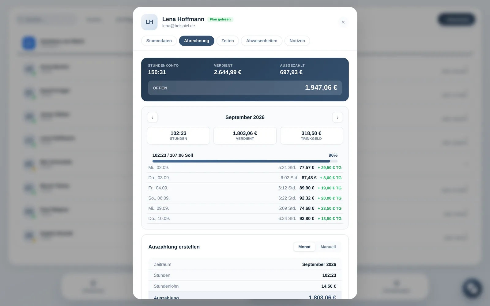Abrechnung in der Admin-App: Stundenkonto, Verdienst, Trinkgeld und Auszahlung einer Mitarbeiterin im September