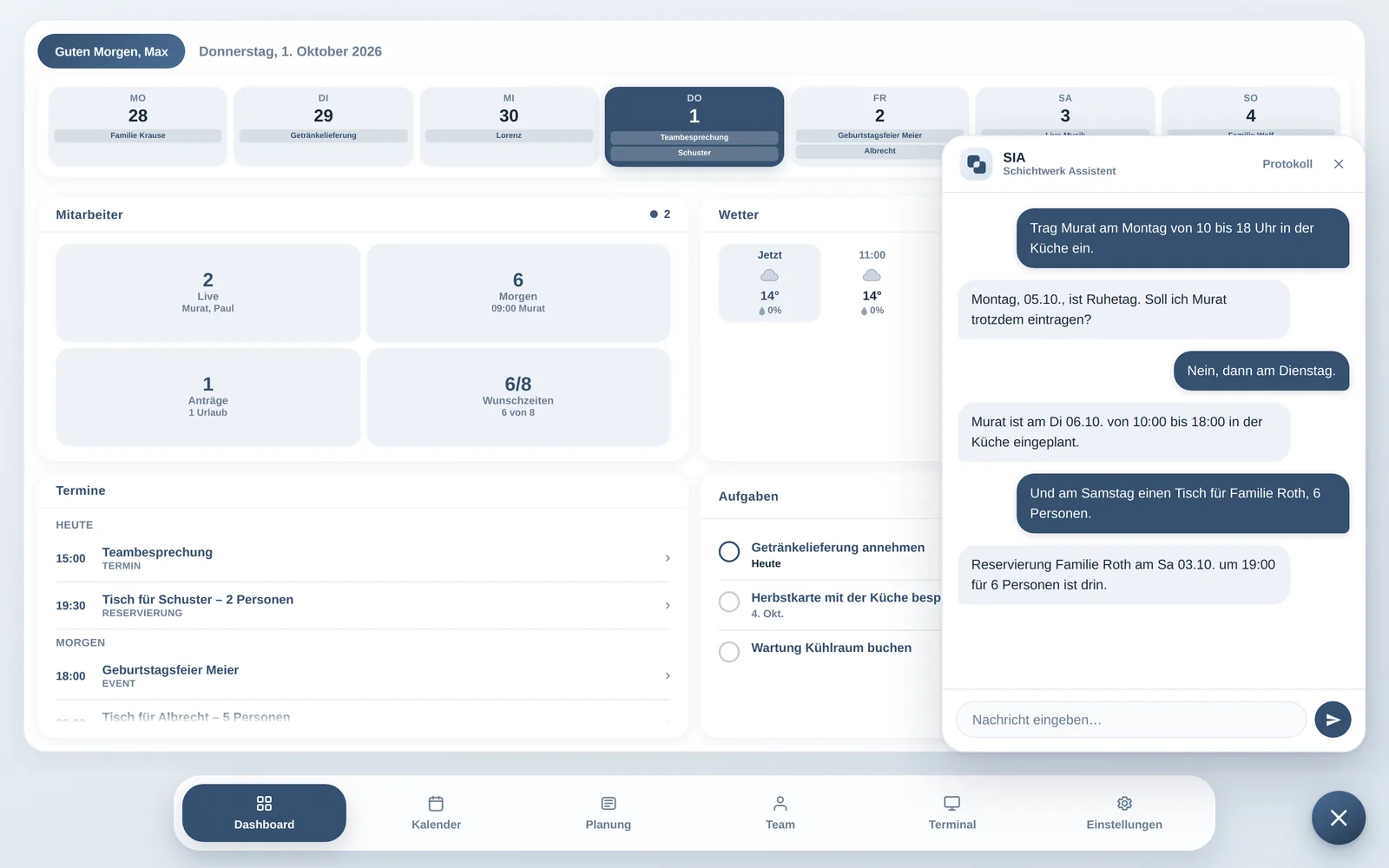 SIA in der Admin-App: Sie weist darauf hin, dass Montag Ruhetag ist, und trägt Murat dann am Dienstag ein