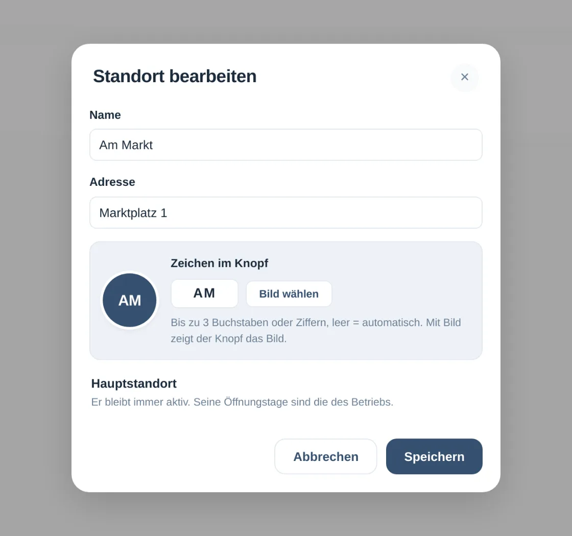 Fenster „Standort bearbeiten“ in der Admin-App: Name Am Markt, Adresse Marktplatz 1 und Zeichen im Knopf mit dem Kürzel AM