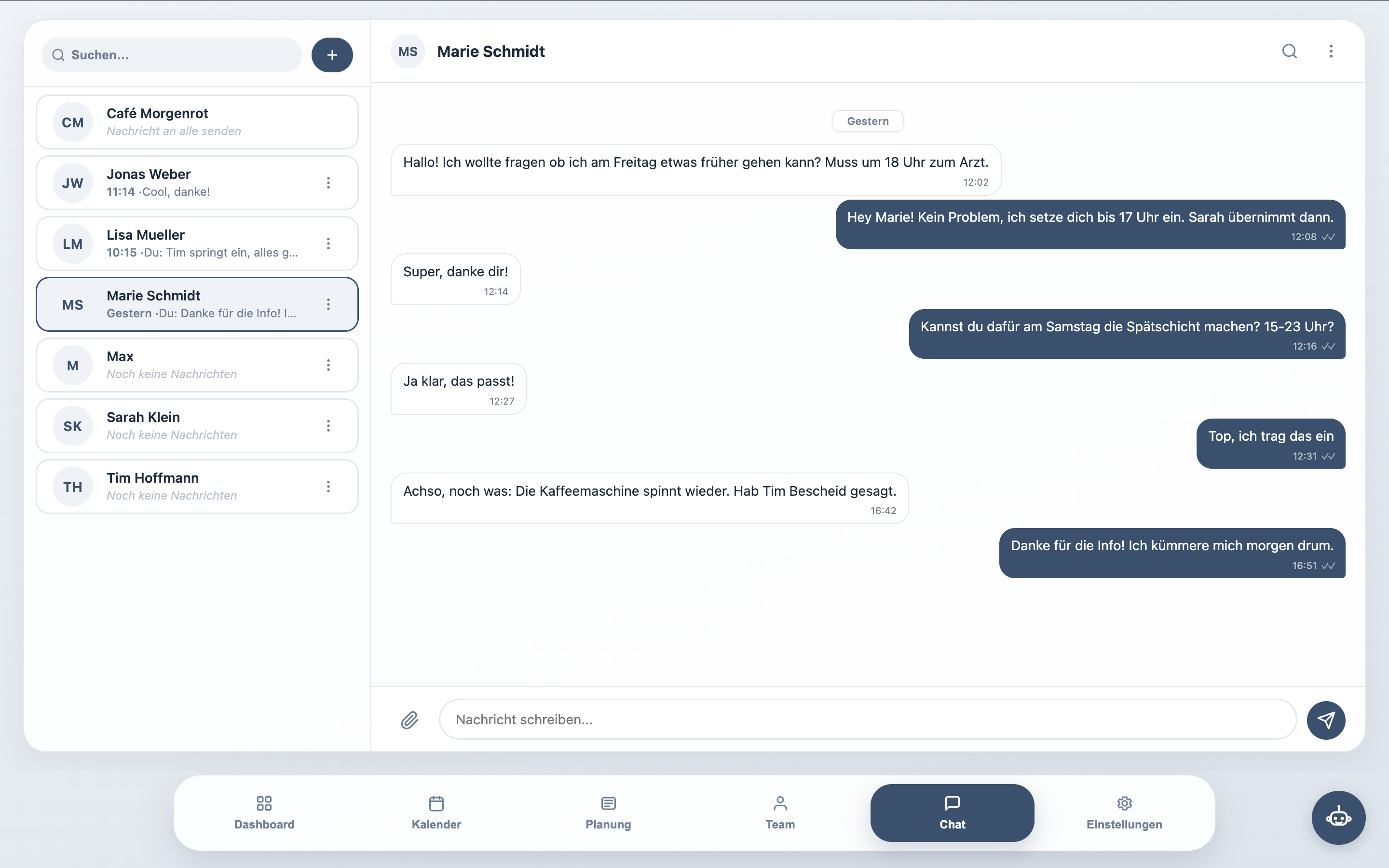 Schichtwerk Chat — Nachrichten an Mitarbeiter