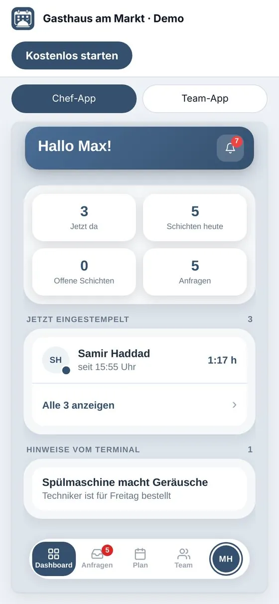 Die Demo am Handy: Chef-App mit Zahlen für heute, wer eingestempelt ist, und Hinweisen vom Terminal