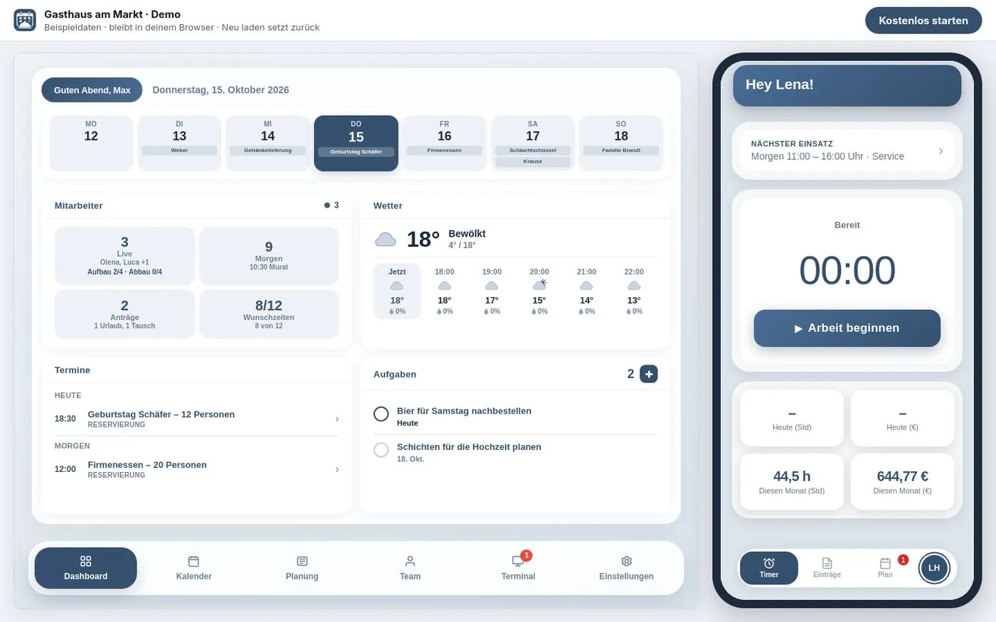 Die Demo am Rechner: Startseite der Admin-App des erfundenen Gasthaus am Markt mit Woche, Team, Wetter und Terminen, daneben die Team-App mit dem Knopf Arbeit beginnen