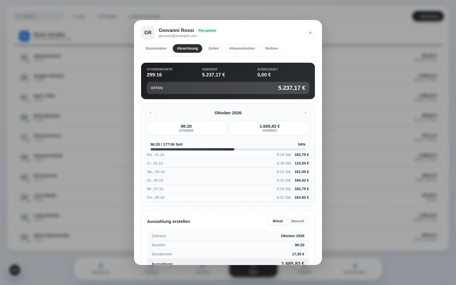 Abrechnung in der Admin-App: Stundenkonto und Monatsstunden einer Person