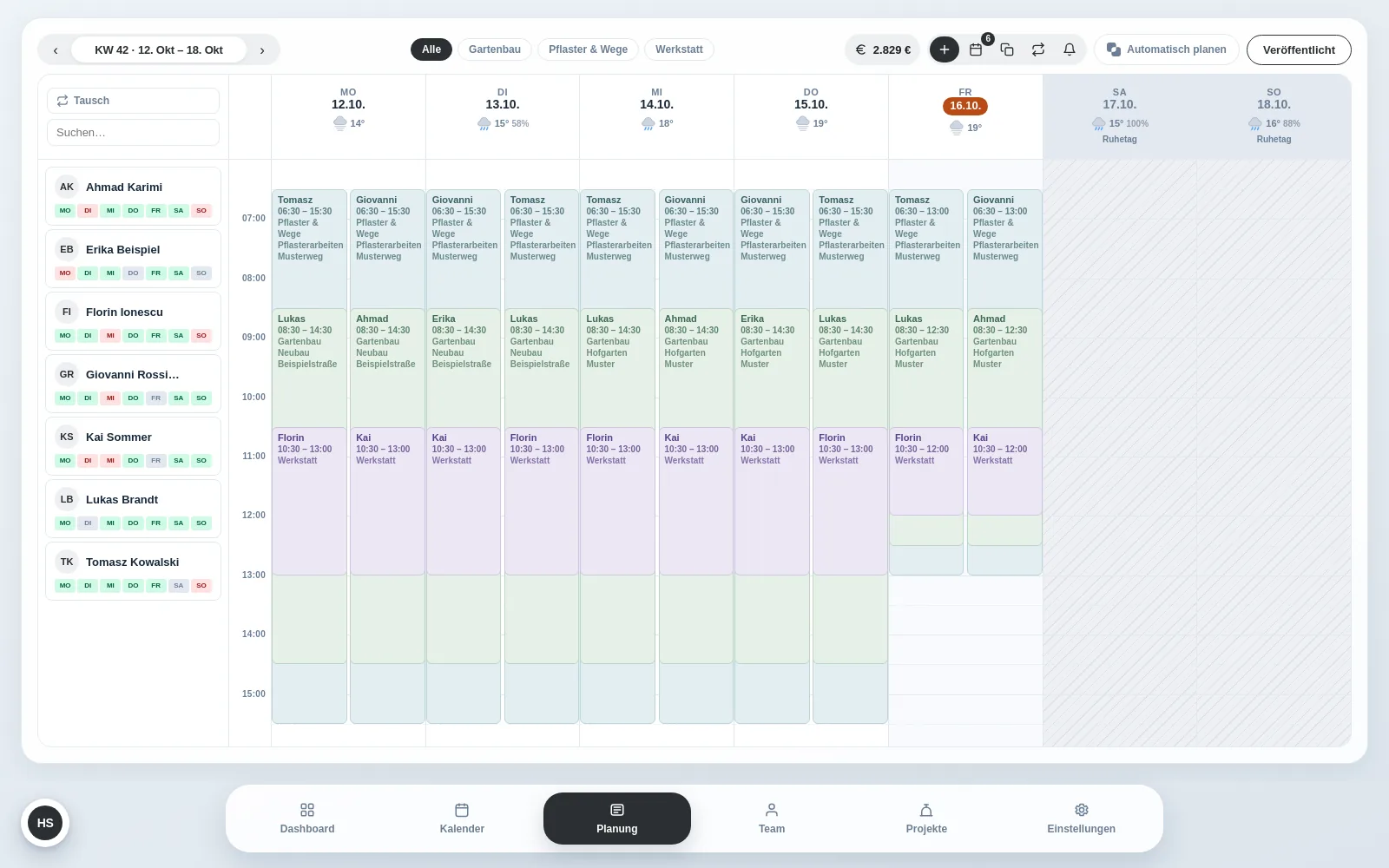 Wochenplan in der Admin-App: Einsätze der Woche farbig nach Gartenbau, Pflaster und Werkstatt, links das Team