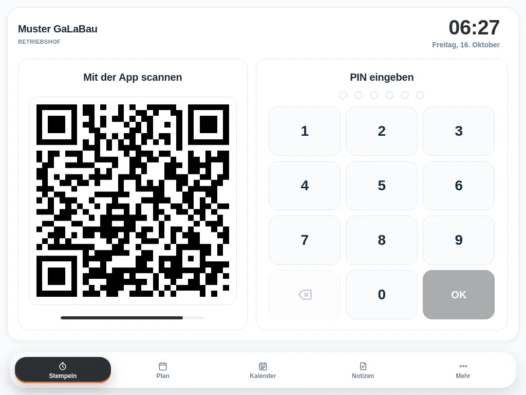 Das Terminal auf dem Tablet: links ein QR-Code zum Scannen mit der App, rechts ein Zahlenfeld für die PIN