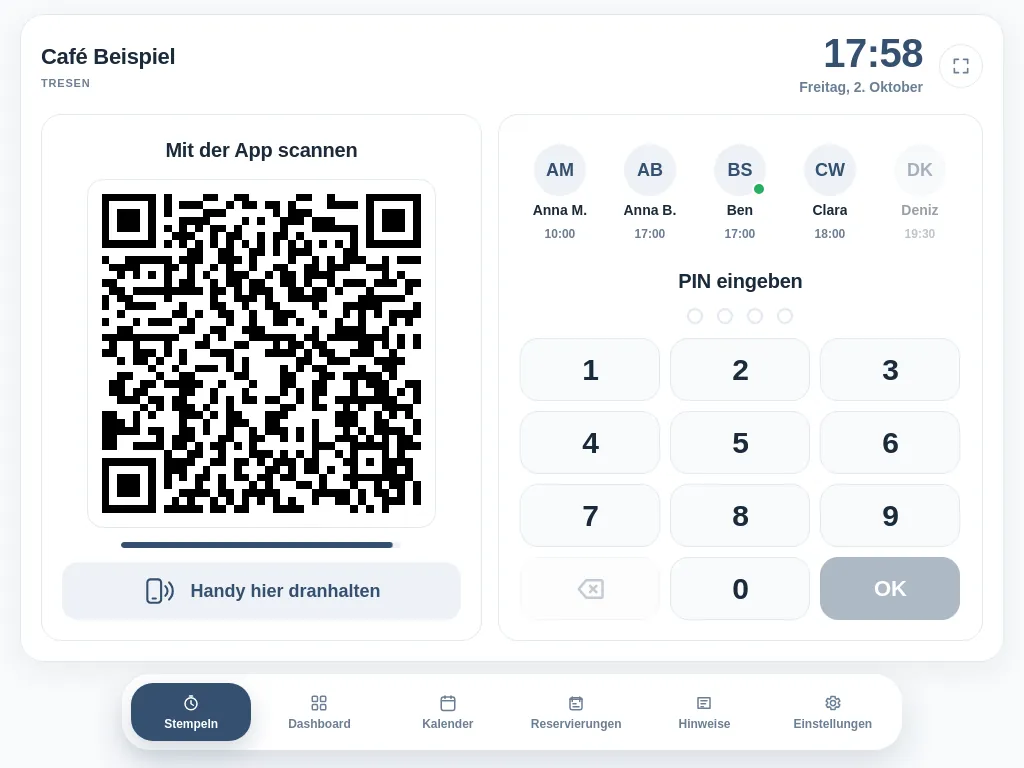 Das Terminal auf dem Tablet: links ein QR-Code zum Scannen mit der App, rechts die Mitarbeitenden von heute und ein Zahlenfeld für die PIN