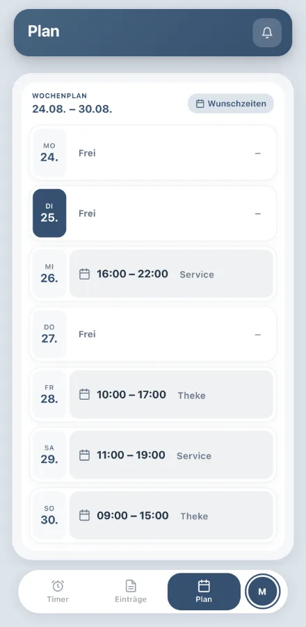 Wochenplan in der Worker-App: eigene Schichten von Montag bis Sonntag mit Uhrzeit und Bereich