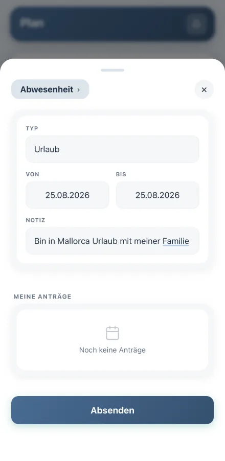 Abwesenheit in der Worker-App beantragen: Typ Urlaub, Zeitraum von und bis und eine Notiz