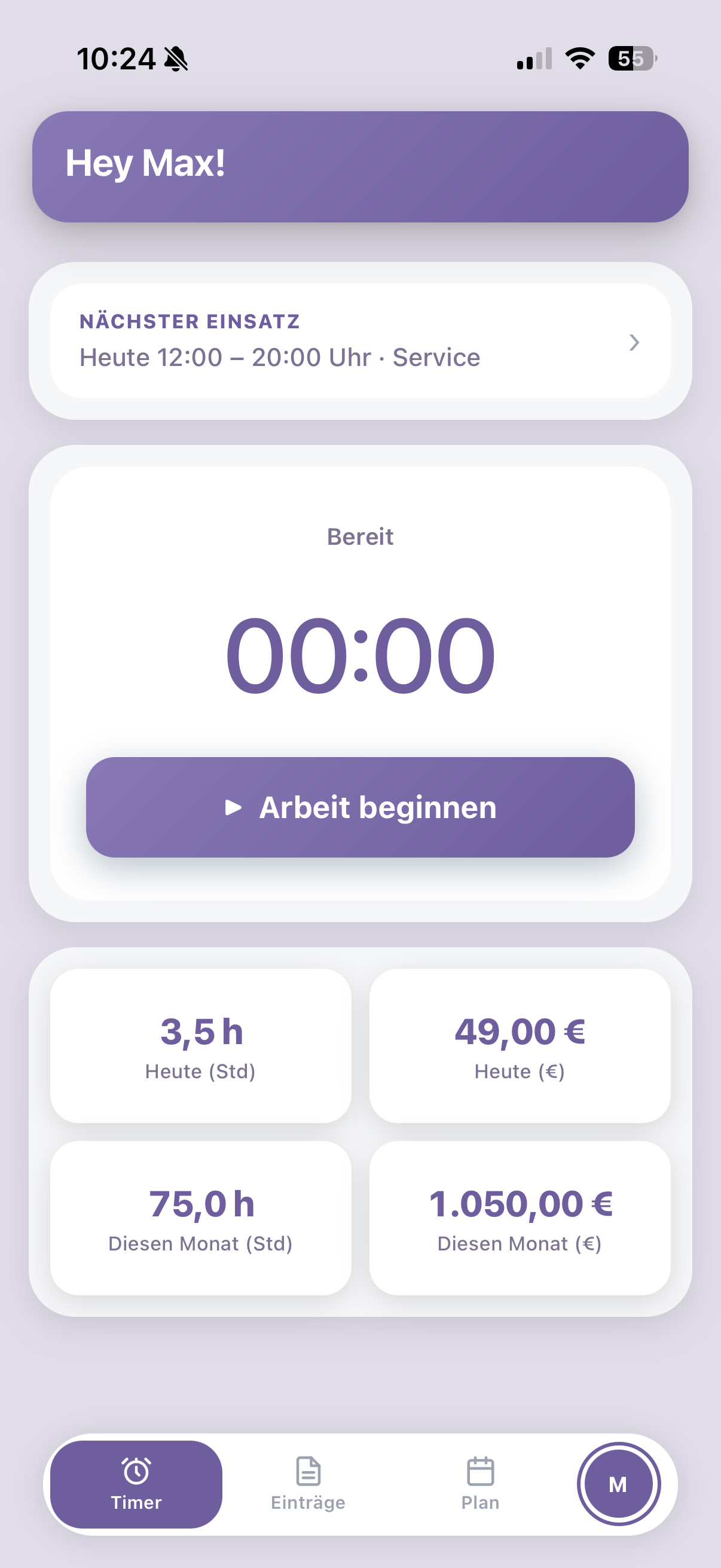 Worker-App im lila Farbschema
