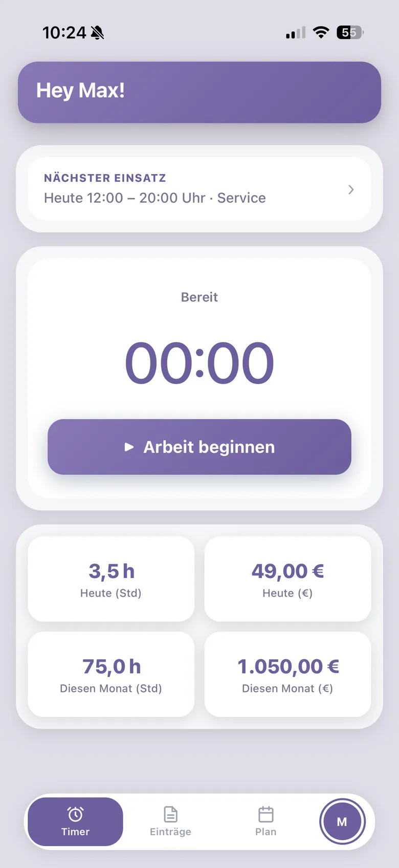 Worker-App im lila Farbschema